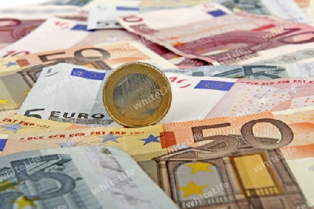verschiedene Euro Geldscheine, Banknoten, 1 Euro Muenze