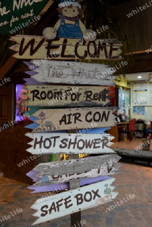 Signs in a Hotel on the Ko Phi Phi Island outside of the City of Krabi on the Andaman Sea in the south of Thailand. 