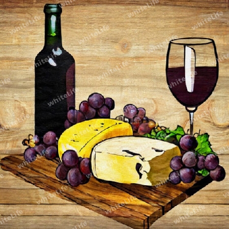 Rotwein mit Käse und Trauben