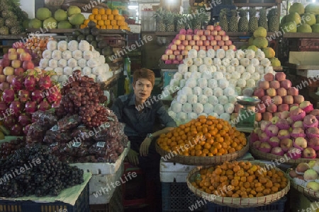 a fruit market in a Market near the City of Yangon in Myanmar in Southeastasia.
