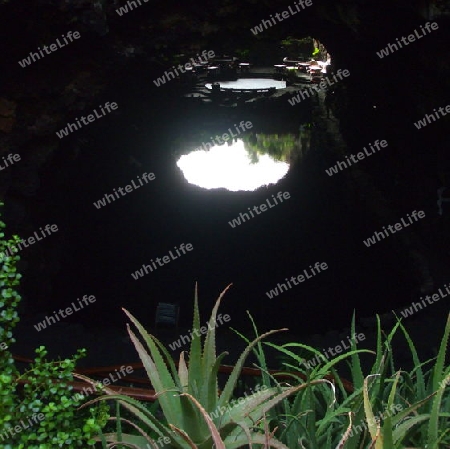 Lanzarote, Cueva Verde, Blick auf den Kakteen-Garten,H?hlensee