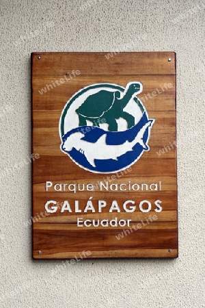 Zeichen des Galapagos Nationalparks in Puerto Baquerizo Moreno, Insel San Cristobal, Galapagos , Unesco Welterbe, Ecuador, Suedamerika