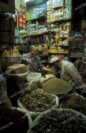 Ein Gewuerzladen auf dem Souq oder Markt in der Medina der Altstadt von Aleppo im Norden von Syrien im Nahen Osten. 