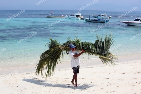 Ein Mann mit einem Palmenblatt am Strand auf der Insel Nusa Lembongan der Nachbarinsel von Bali, Indonesien.