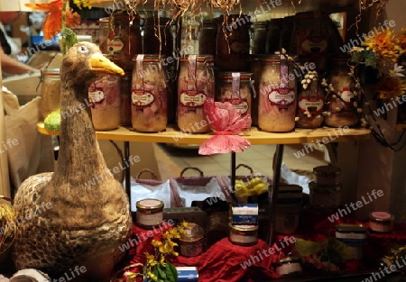 A shop with goose liver olt town of the village of Riquewihr in the province of Alsace in France in Europe