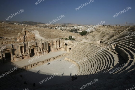 the Roman Theater in Roman Ruins of Jerash in the north of Amann in Jordan in the middle east.