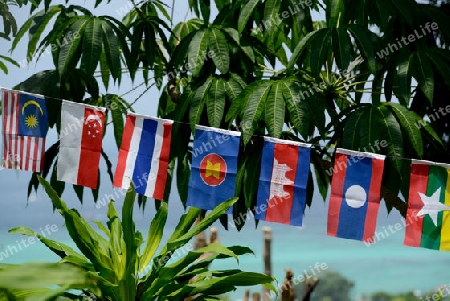 Flags of the ASEAN Nations in the Town of Ko PhiPhi on Ko Phi Phi Island outside of the City of Krabi on the Andaman Sea in the south of Thailand. 