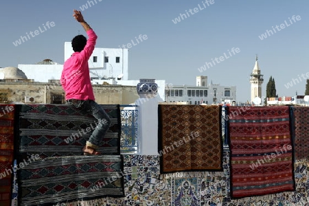 Afrika, Nordafrika, Tunesien, Tunis
Eine Dachterasse eines Teppichhaendlers in der Medina mit dem Markt oder Souq in der Altstadt der Tunesischen Hauptstadt Tunis






