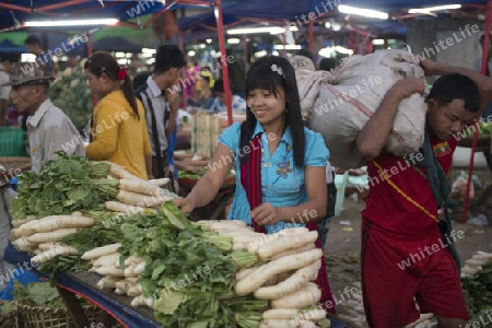 a fegetable market in a Market near the City of Yangon in Myanmar in Southeastasia.