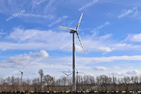 Panoramic view on alternative energy wind mills in a windpark
