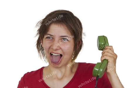 Junge Frau am Telefon - freigestellt auf weissem Hintergrund