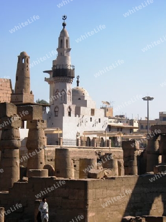 Luxor temple with mosque in Egypt at a brightly sunny day