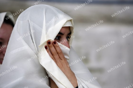 Eine Junge Tunesische Frau in der Altstadt von Sidi Bou Said noerdlich von Tunis am Mittelmeer in Tunesien in Nordafrika..