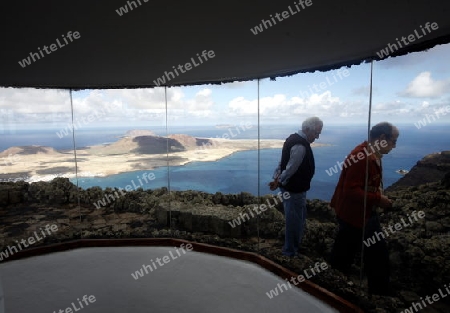 the Mirador del Rio viewpoint on the Island of Lanzarote on the Canary Islands of Spain in the Atlantic Ocean. on the Island of Lanzarote on the Canary Islands of Spain in the Atlantic Ocean.
