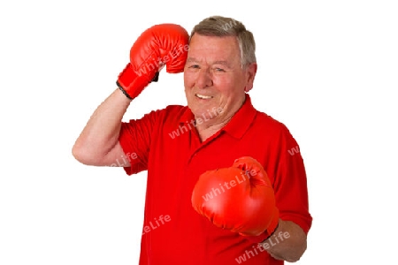 Senior mit Boxhandschuhen freigestellt auf weissem Hintergrund