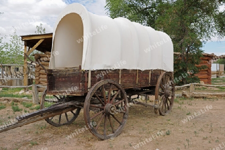 Nachbildung von Planwagen von Siedlern, um 1850, Bluff, Utah, USA