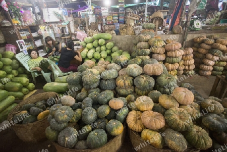 a fegetable market in a Market near the City of Yangon in Myanmar in Southeastasia.