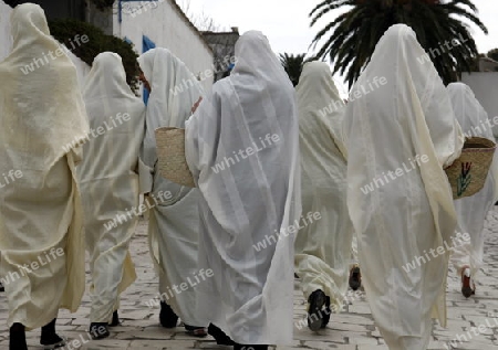 Afrika, Nordafrika, Tunesien, Tunis, Sidi Bou Said
Junge Frauen im traditionellen weissen Schleier in der Altstadt von Sidi Bou Said in der Daemmerung am Mittelmeer und noerdlich der Tunesischen Hauptstadt Tunis.





