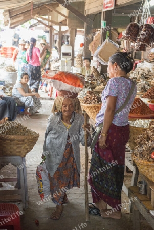a old women at a marketstreet in the City of Mandalay in Myanmar in Southeastasia.