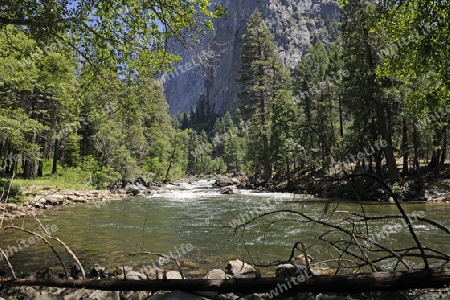 typische Landschaftsform mit  Merced River im Yosemite Nationalpark, Kalifornien, USA