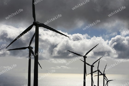 a power wind station on the Island of Lanzarote on the Canary Islands of Spain in the Atlantic Ocean. on the Island of Lanzarote on the Canary Islands of Spain in the Atlantic Ocean.