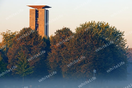 Carillon, Glockenturm im Tiergarten Berlin, bei Sonnenaufgang und Bodennebel, Deutschland, Europa, oeffentlicherGrund