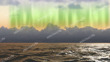 Stormy weather on the ocean with Northern lights in the Atlantic Ocean