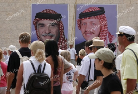 Pictures of the King Hussein, left, and his son and new King Abdullah, right, in the Village of Wadi Musa near the Temple city of Petra in Jordan in the middle east.