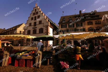 the market in the old town of Freiburg im Breisgau in the Blackforest in the south of Germany in Europe.