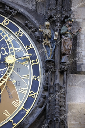 Prager Orloj, astronomische Uhr, Detailaufnahme,   altes Rathaus, Rathausturm, Altstaeder Ring,  Prag,  Tschechien, Boehmen, Tschechische Republik, Europa