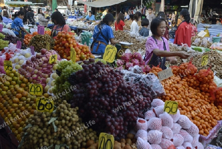 Fruechte auf dem Markt in Amnat Charoen im Isan im osten von Thailand,