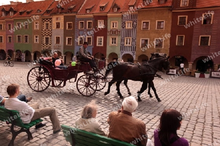 Eine Pferdekutsche auf dem Stray Rynek Platz  in der Altstadt von Poznan im westen von Polen.