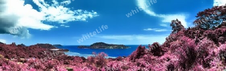 Beautiful purple and pink infrared panorama of a landscape on the Seychelles Islands.