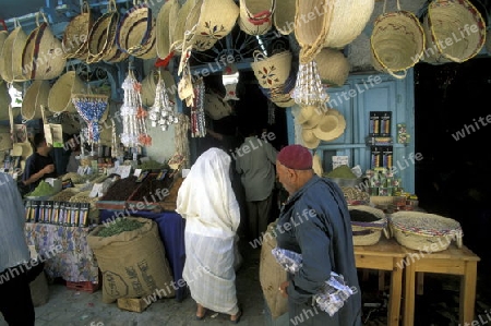 Gewuerze und Lebensmittel auf dem Souq oder Markt in der Altstadt oder Medina von Sousse am Mittelmeer  in Tunesien in Nordafrika.   