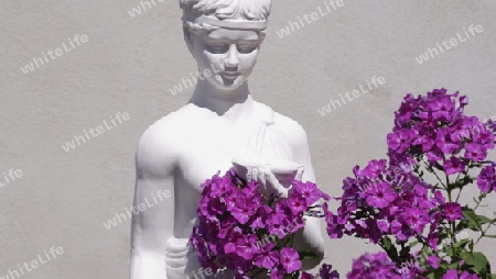 Kopf einer weiblichen Statue mit Phlox im Vordergrund