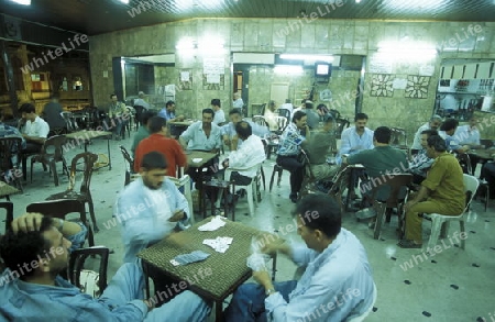 Ein Teehaus oder Cafehaus auf dem Souq oder Markt in der Medina der Altstadt von Aleppo im Norden von Syrien im Nahen Osten.