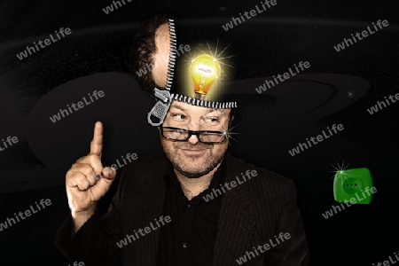 Mann mit Gl?hbirne im Sch?del hat eine z?ndende Idee - Man with bulb in his head with an idea