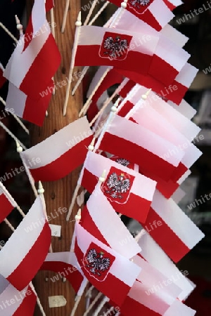 Polinische Flaggen in einem Laden in der Altstadt von Wroclaw oder Breslau im westen von Polen.
