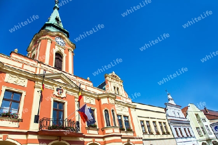 Facade of historic houses on the market square of M?ln?k Bohemia Czech Republic