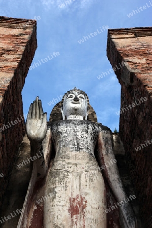 Eine stehende Buddha Figur  im Wat Mahathat Tempel in der Tempelanlage von Alt-Sukhothai in der Provinz Sukhothai im Norden von Thailand in Suedostasien.