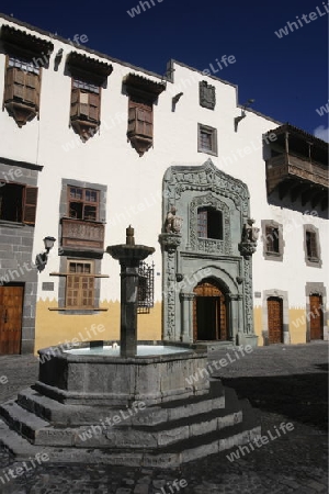 the Columbus House at the Plaza del Pilar Nuevo in the city Las Palmas on the Canary Island of Spain in the Atlantic ocean.