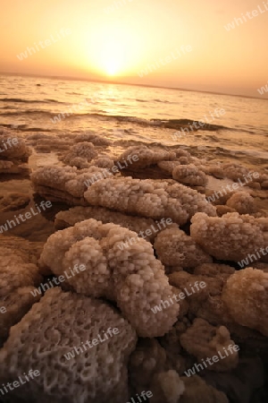 The coast with natural salt of the death sea neat the Village of Mazraa in Jordan in the middle east.
