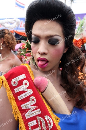 Eine Gruppe von Ladyboys zeigt sich an der Festparade beim Bun Bang Fai oder Rocket Festival in Yasothon im Isan im Nordosten von Thailand. 