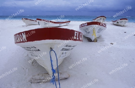 Der Strand mit Boot von Tulum am Karibischen Meer im Staat Quintana Roo auf der Halbinsel Yuctan im sueden von Mexiko in Mittelamerika.    