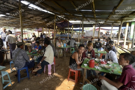 a restaurant at the Market in the village of Ywama at the Inle Lake in the Shan State in the east of Myanmar in Southeastasia.