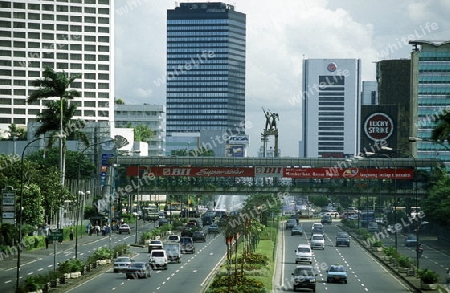the skyline of the city centre of Jakarta in Indonesia in Southeastasia.