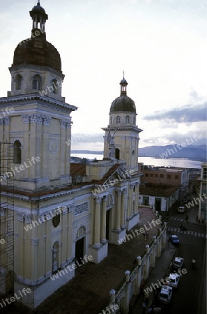 The cathedral at the parque Cespedes in the city of Santiago de Cuba on Cuba in the caribbean sea.