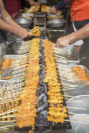 fresh satay sticks at the morning Market in Nothaburi in the north of city of Bangkok in Thailand in Southeastasia.