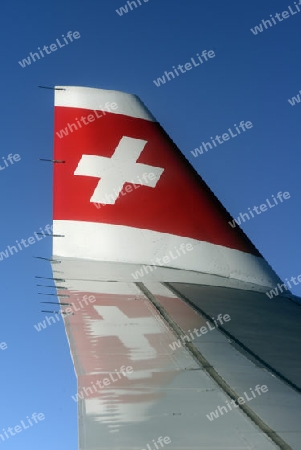 a airplane of Swiss Airlines on the way to Bangkok in Thailand in Suedostasien.