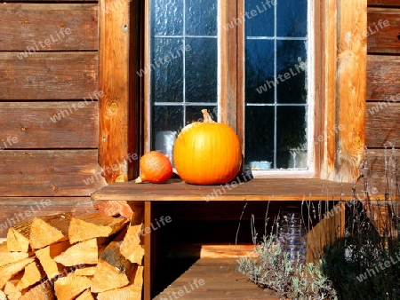 Holzhaus mit K?rbis und Brnnholz vor dem Fenster